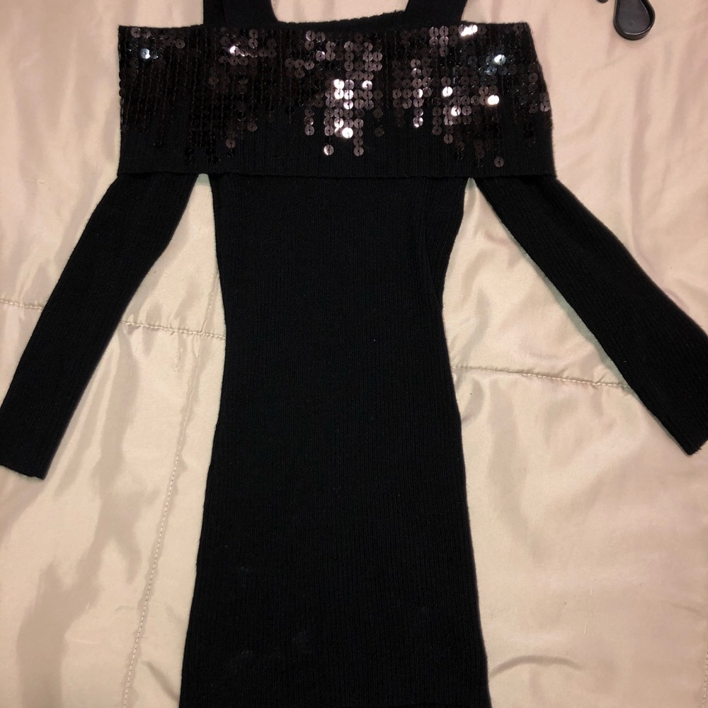 BEBE Sexy Off-the shoulder Sequined Sweater Top